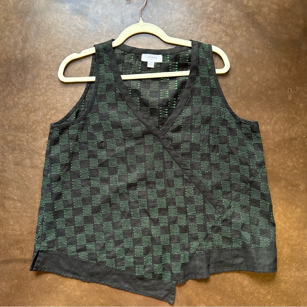 Luukaa- 100% linen asymmetrical blouse-black and green checkered size 10